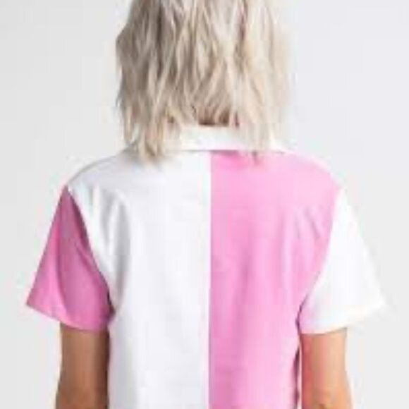Tillys Full Tilt Pink & White Color Block Cropped Polo Shirt Size M NWT 100% Cot - Picture 2 of 5
